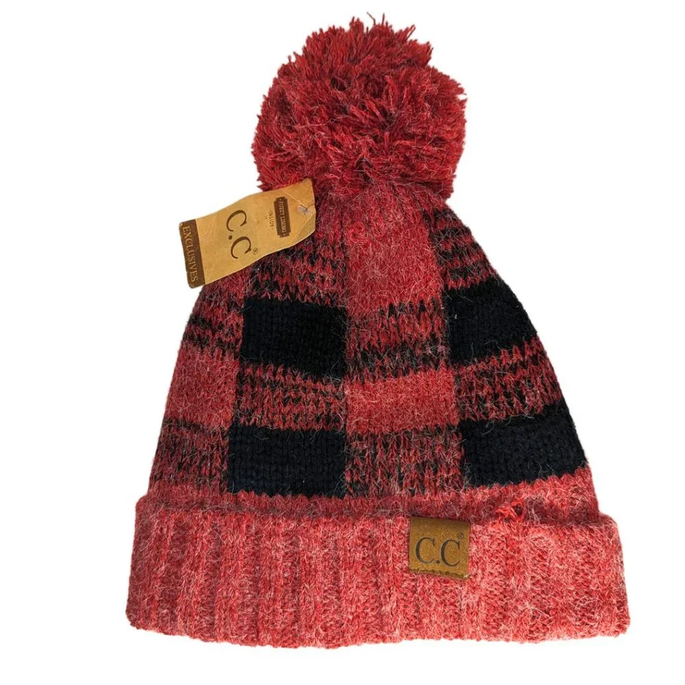 C.C. NWT Fleece Lined Red Plaid Fuzzy Ball Winter Hat Beanie - Picture 1 of 8